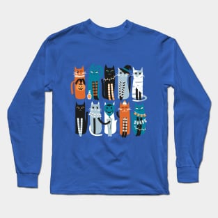 High Gothic Halloween Cats // print // blue background orange turquoise blue white and black kittens Long Sleeve T-Shirt